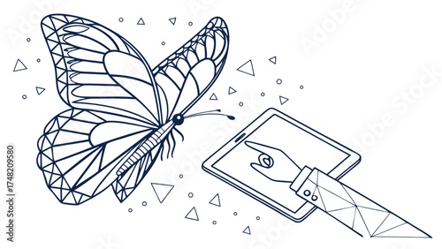 Digital butterfly emerges from tablet, symbolizing creativity and transformation technology. design features geometric shapes and hand interacting
