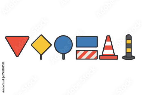 Essential road safety signs and construction equipment including traffic cones and temporary barriers