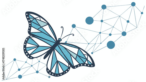 Beautiful abstract digital butterfly emerging from web of interconnected lines and shapes, symbolizing freedom and transformation