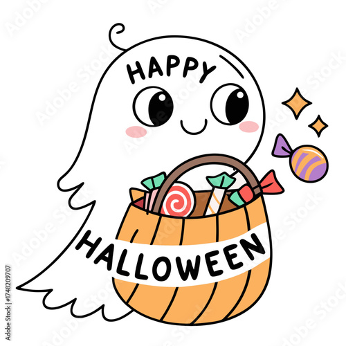 Cute Happy Ghost Holding Candy Bucket Illustration for Halloween, Trick or Treat Cartoon Vector, Adorable Spooky Character with Sweets and Candies