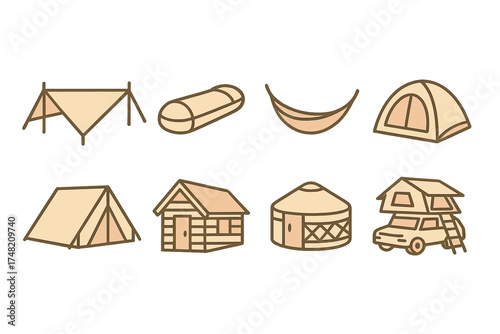 Outdoor accommodation and camping equipment set featuring tents, cabin, yurt, and rooftop car tent