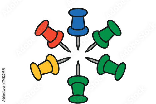 Six brightly colored pushpins arranged in a circular pattern pointing inward