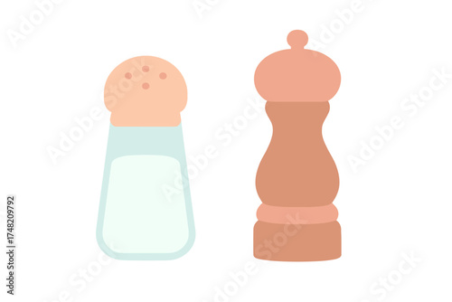 Classic glass salt shaker and traditional wooden pepper mill set for seasoning food
