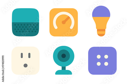 Flat design symbols for smart home devices including speaker, camera, and light bulb