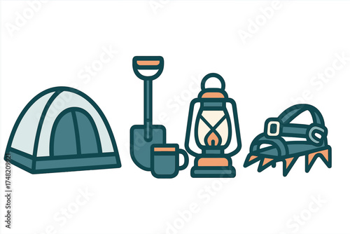 Set of essential outdoor adventure equipment icons: tent, shovel, lantern, and crampons