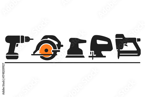 Set of essential electric power tools including drill, saw, sander, jigsaw, and nail gun