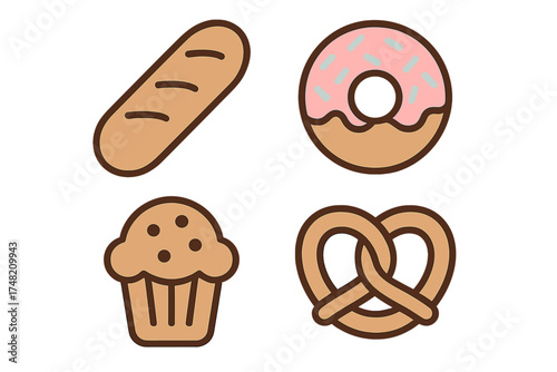 Set of outlined baked goods including bread, donut, muffin, and pretzel
