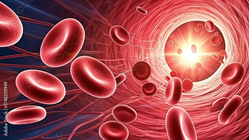 Microscopic view of red blood cells traveling through bloodstream.