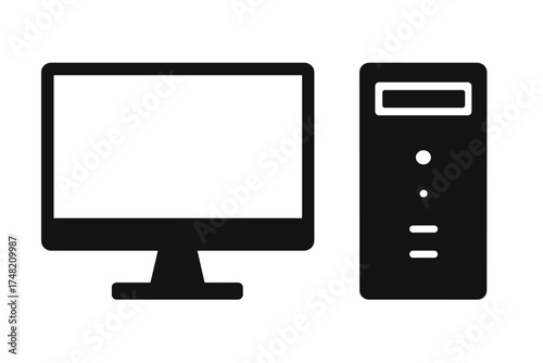 Minimalist black and white desktop computer system with monitor and PC tower unit
