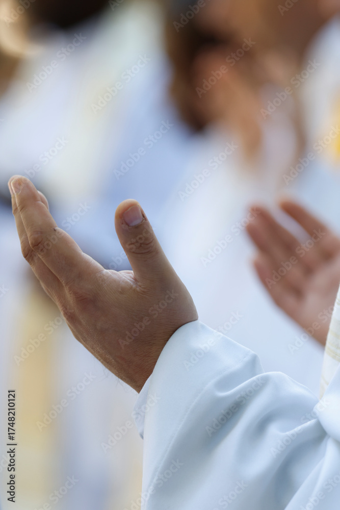 Fototapeta premium Catholic mass. Priest reciting the Our Father prayer. La Roche sur Foron. France.