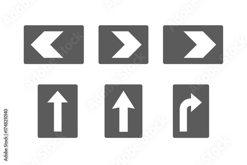 Gray and white directional road signs set showing various turns and straight movements