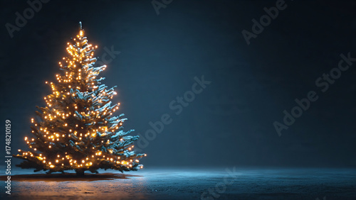 A realistic photo of a glowing Christmas tree with decorations, minimalist and Clean background