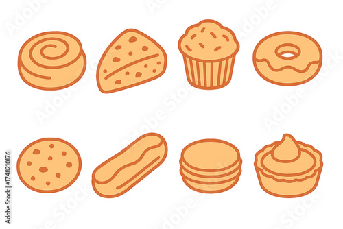 Delicious baked goods collection featuring donut muffin cookie eclair and tart desserts