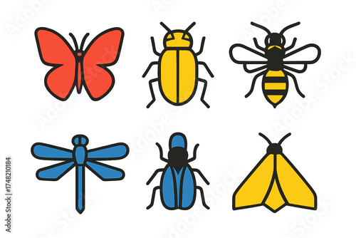 Colorful collection of flying and crawling insects: butterfly, bee, dragonfly, and beetles in flat design