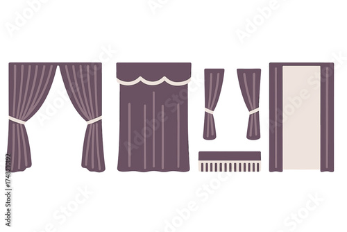 Collection of different styles of purple window curtains, drapery, and textile elements