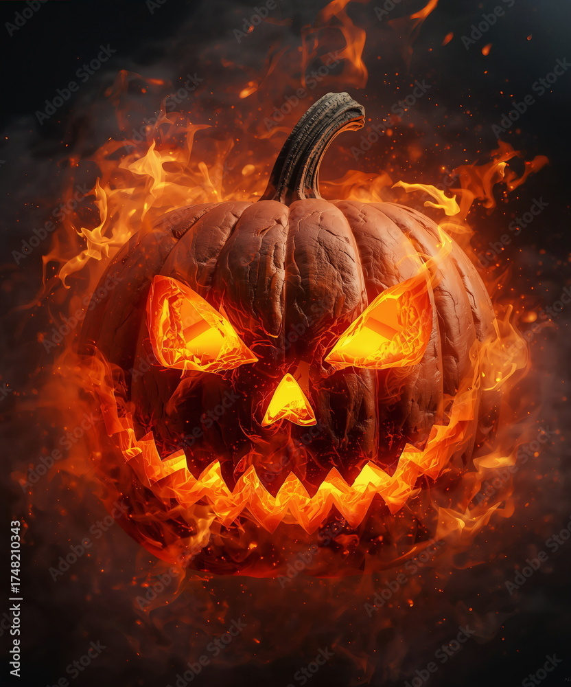 Fototapeta premium Halloween Glowing Jack-o’-Lantern with Fiery Eyes and Flames