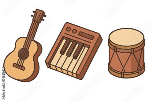 Acoustic guitar, electronic keyboard, and drum kit representing music and sound production