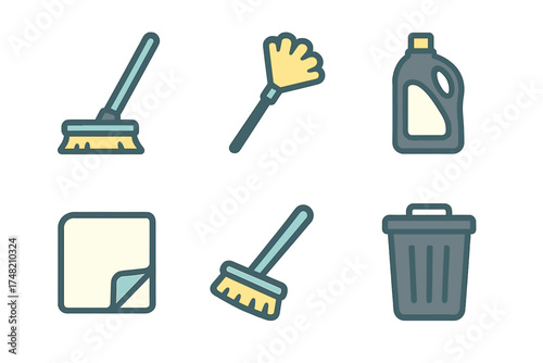 Household cleaning tools and supplies set including mop duster detergent and trash can