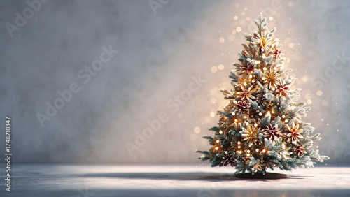 A realistic photo of a glowing Christmas tree with decorations, minimalist and Clean background