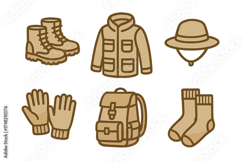 Essential outdoor adventure and exploration gear set with boots, jacket, pith helmet, gloves, backpack, and socks
