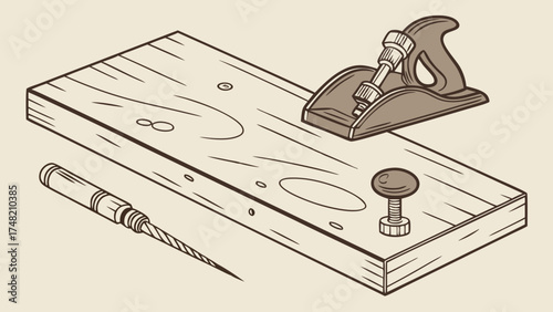 Tools of the trade Woodworking illustration with a plane drill and wood.