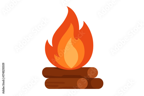 Stylized campfire with burning orange and red flames over brown wooden logs