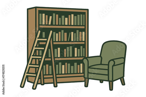 Cozy reading nook with tall wooden bookshelf, sliding ladder, and comfortable green armchair