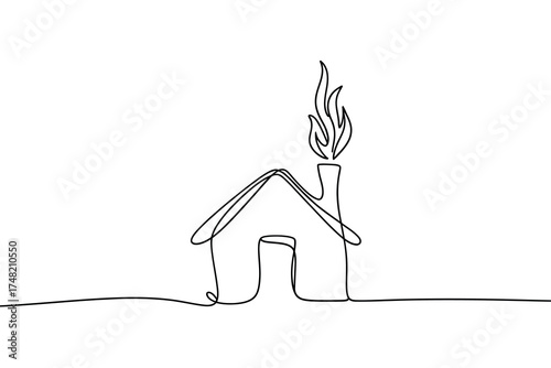 Minimalist single line drawing of a cozy house with smoke coming from the chimney