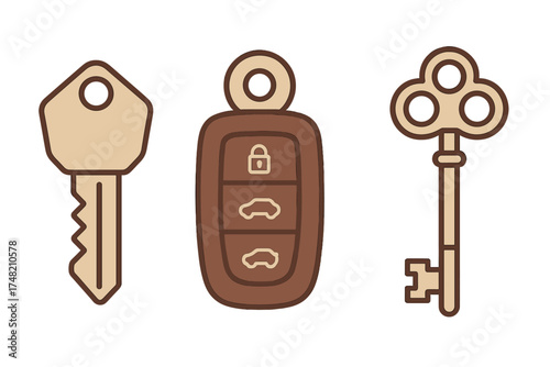 Collection of modern car key fob, standard key, and antique skeleton key