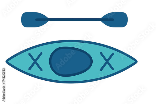 Stylized blue kayak boat and paddle symbol for summer water adventure activities