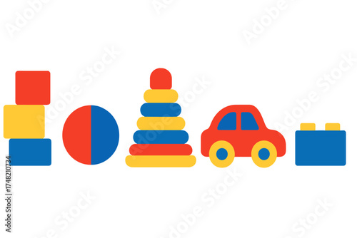 Primary colored children's toys collection featuring stacking rings, building blocks, and car