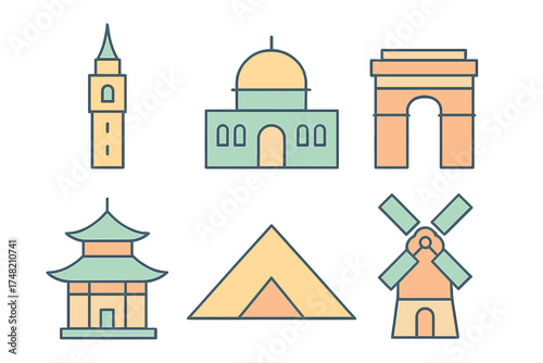 Famous world travel landmarks and architectural monuments in simple flat design