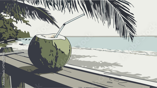 Tropical coconut drink on a beach with palm leaves vector style.
