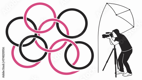 Vector illustration of connected rings and a person taking photos with equipment.