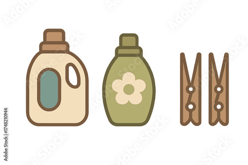 Laundry care products collection with detergent, fabric softener, and traditional wooden clothespins