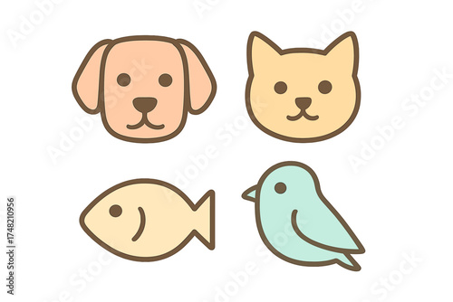 Cute pastel animal icons set featuring dog cat fish and bird heads and bodies