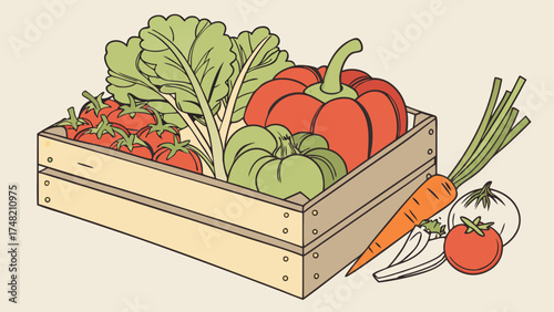 Vegetable Harvest in Wooden Crate Flat Design.