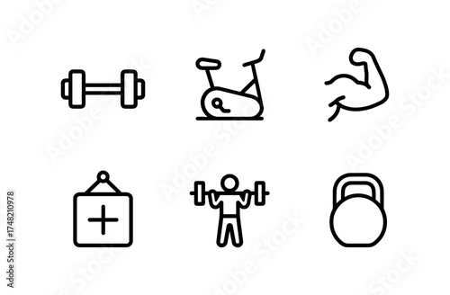Fitness icon set: dumbbell, exercise bike, muscles, barbell, kettlebell, gym symbols