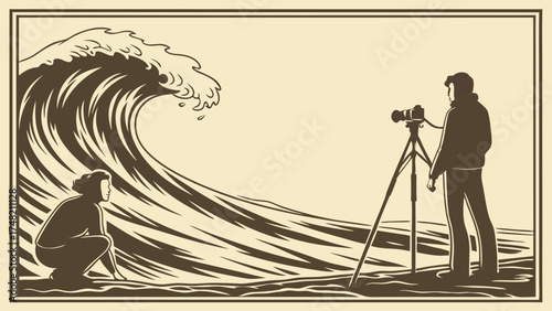 Vintage-style illustration of wave with photographer.