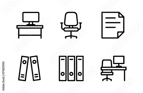 Minimal office icons collection with desk, chair, and files in linear style