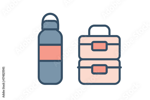 Reusable insulated water bottle and stacked lunch boxes for healthy eating and hydration
