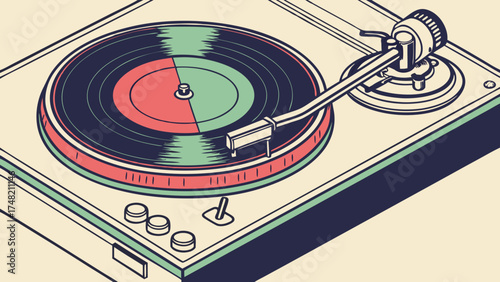Vinyl Record Player Illustration in Retro Style.
