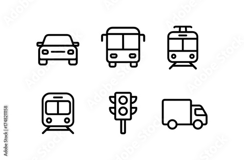 Simple line icons of various transportation modes and traffic light