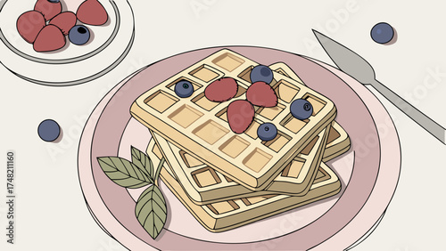 Waffles with Berries Illustration.