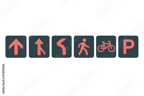 Modern set of directional and traffic symbols including arrows, pedestrian, bicycle, and parking signs