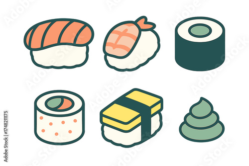 Traditional Japanese sushi assortment including nigiri maki rolls and wasabi in isometric view