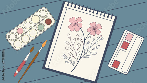 Watercolor Supplies and Floral Drawing on a Desk.
