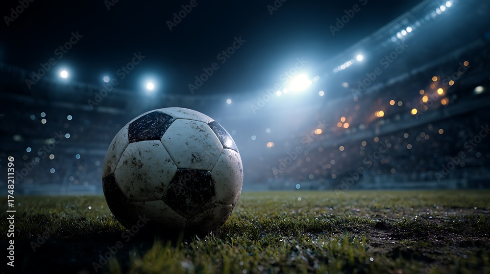 Naklejka premium A Close Up Soccer Ball On A Dark Football Stadium Field