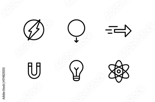 Scientific icon set featuring electricity, gravity, speed, magnetism, light, and atom design