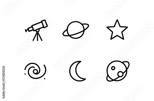 Minimalist space icons set: telescope, saturn, star, galaxy, moon, planetary orbit